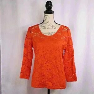 Women's Size L Peck & Peck Weekend Orange floral eyelet 3/4 sleeve top Vintage